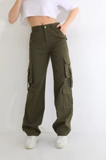BİKELİFE Khaki High Waist Multi Pocket Wide Leg Wide Leg Cargo Pants BİKELİFE Khaki High Waist Multi Pocket Wide Leg Wide Leg Cargo Pants