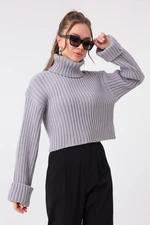 Lafaba Women's Gray Wide Ribbed Turtleneck Knitwear Crop Sweater