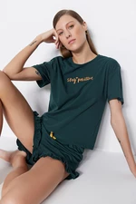 Trendyol Dark Green 100% Cotton Embroidered Ruffle Detail T-shirt-Shorts Knitted Pajamas Set