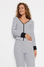 Trendyol Black and White Striped Cotton Cuff and Piping Detailed Tshirt-Jogger Knitted Pajamas Set