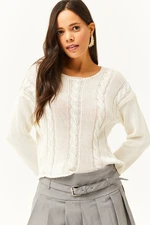Olalook Women's Ecru Dirty Collar Hair Knit Soft Textured Knitwear Sweater