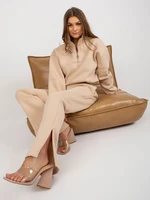 Beige basic set with slit trousers