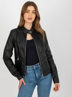 Women's black motorcycle jacket made of artificial leather with stitching