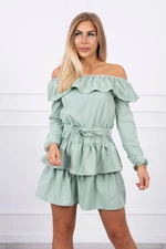 Shoulder dress with dark mint tie at waist