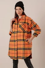 By Saygı Plaid Wool Cachet Long Shirt Orange with Pocket
