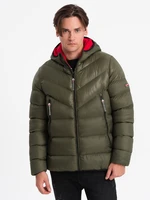 Ombre Men's quilted winter jacket with combined materials - dark olive green