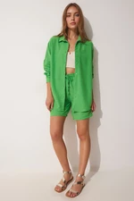 Happiness İstanbul Women's Light Green Summer Linen Shirt Shorts Set