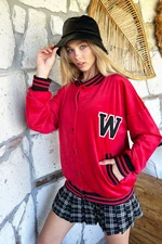 Trend Alaçatı Stili Women's Red W Embroidered Ribbed Corduroy Bomber Jacket