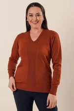 By Saygı V-Neck Hole Work Detail Plus Size Acrylic Sweater Tile