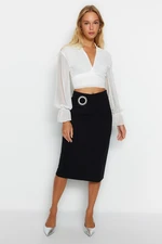 Trendyol Black Crepe Midi Knitted Skirt With Buckle