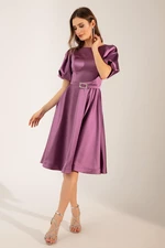 Lafaba Women's Lavender Mini Satin Evening Dress with Balloon Sleeves and Stones Belt.