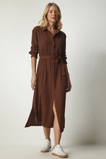 Happiness İstanbul Women's Brown Belted Long Shirt Dress