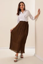 By Saygı Elastic Waist and Lined Pleated Long Chiffon Skirt Khaki