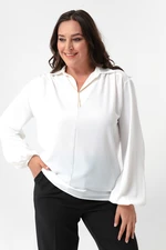 Lafaba Women's White Long Sleeved Plus Size Blouse with a Necklace