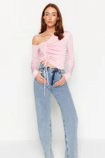 Dilvin 10369 Right Open Shoulder Pleated Sweater