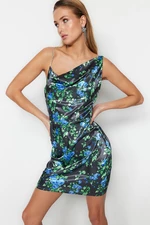 Trendyol Multi-Colored, Fitted Satin Floral Patterned Elegant Evening Dress