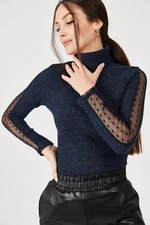 armonika Women's Navy Blue Neck Sleeves Lace Detailed Knitwear Sweater