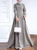 Women Grid Printed Casual Elastic Cuffs Big Swing Long Sleeve Muslim Abaya Kaftan Maxi Dress