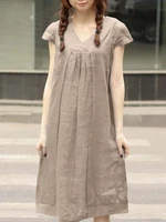Leisure Solid Ruched Short Sleeve Midi Cotton Dress