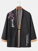 Mens Floral Letter Printed Chinese Knot Button 3/4 Sleeve Kimonos