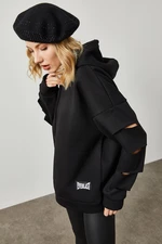 XHAN Women's Black Laser-Cut Tag Detail Sweatshirt