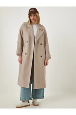 Happiness İstanbul Women's Beige Premium Double Breasted Collar Belted Long Cachet Wool Coat