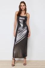 Trendyol Gray Foil/Glossy Print Fitted Maxi Stretch Knit Dress