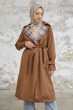 InStyle Eleta Double Breasted Collar Checked Trench Coat - Tan