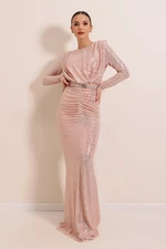 By Saygı Long Sleeves with Pleats Lined Waist Belt Long Sequined Dress Powder By Saygı Long Sleeves with Pleats Lined Waist Belt Long Sequined Dress Powder