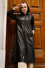 InStyle Long Leather Cape With Hood - Black