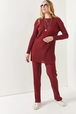 Olalook Women's Claret Red Top Slit Blouse Bottom Palazzo Corduroy Suit