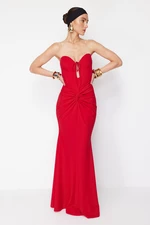 Trendyol X Zeynep Tosun Red Fish Knitting Detailed Long Evening Dress & Graduation Dress