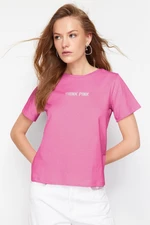 Trendyol Pink 100% Cotton Slogan Embroidered Relaxed/Comfortable Pattern Knitted T-Shirt