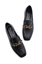 Marjin Women's Loafers Chain Accessorized Loafers Casual Shoes Alva Black Croco