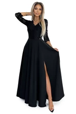 AMBER Elegantné čipkované dlhé šaty s výstrihom a rozparkom na nohách - čierne