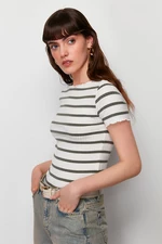 Trendyol Khaki Striped Boat Rock Short Sleeve Regular/Normal Cut Ribbed Stretch Knitted Blouse