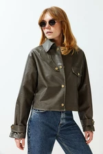 Trendyol Dark Mink Oversize Collar Detailed Faux Leather Thin Jacket Coat