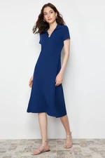 Trendyol Navy Blue Polo Neck Skater/Waist Opening Cotton Stretchy Knitted Midi Dress