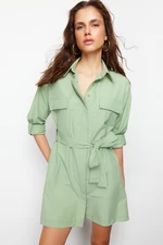 Trendyol Mint Belted Pocketed Mini Woven Shirt Dress