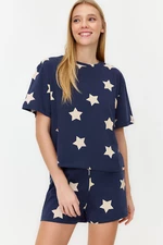 Trendyol Navy Blue 100% Cotton Star Patterned T-shirt-Shorts Knitted Pajamas Set