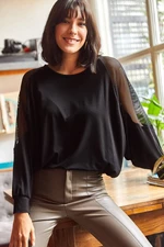 Olalook dámské černé lycrové pletené tričko s volnými rukávy a síťovinou