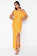 Trendyol Orange Sequin Stone Accessory Long Evening Dress