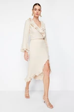 Trendyol Beige Skirt Ruffled Slit Detailed Aerobin Fabric Midi Length Woven Skirt