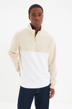 Trendyol Beige Men's Regular/Regular Cut Standing Collar Color Block Color Block Zippered Inner Soft Pile Cotton Sweatshirt.