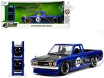 1972 Datsun 620 Pickup Truck 72 Blue Metallic with Black Stripes and Hood "Toyo Tires" with Extra Wheels "Just Trucks" Series 1/24 Diecast Model Car