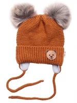 Dětská zimní čepice s fleecem Teddy Bear - chlupáčk. bambulky - hnědá, šedá, BABY NELLYS, vel. 56-68 (0-6 m)