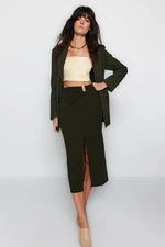 Trendyol Khaki Crepe Buckled Maxi High Waist Elastic Knitted Skirt With Slit Detail