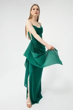 Lafaba Women's Emerald Green Bust Draping with a Slit, Glittery Evening Dress.