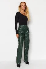 Trendyol Dark Green Faux Leather Straight/Straight Fit Woven Trousers