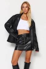Trendyol Black Faux Leather Mini Weave Skirt with Pocket and Zipper